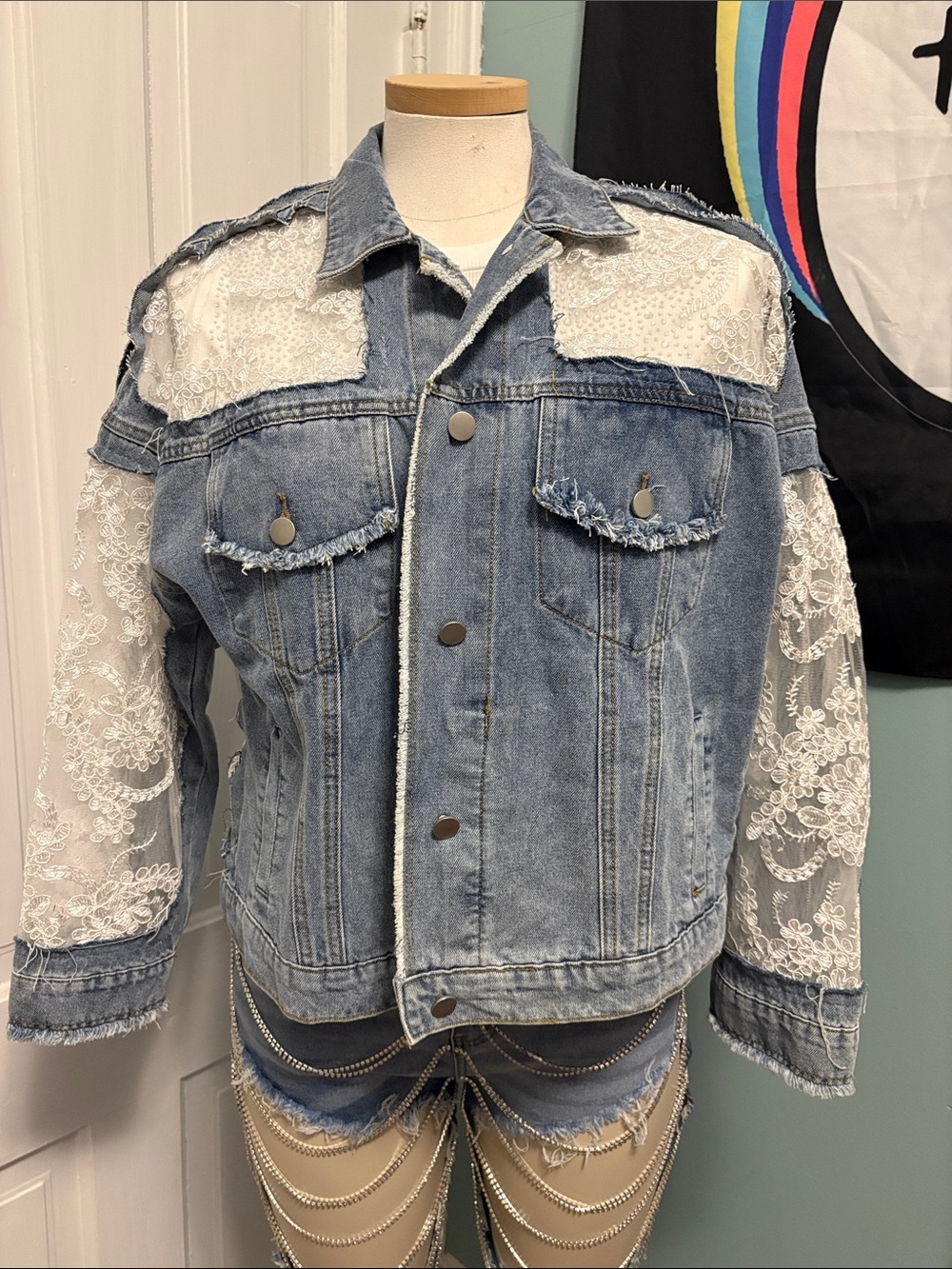 Lace-Panel Light Blue Denim Jacket